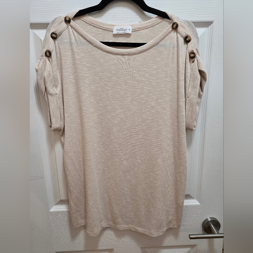 Kaileigh Knit Tee, Button-Shoulder Detail, Beige, Size Medium, NWOT